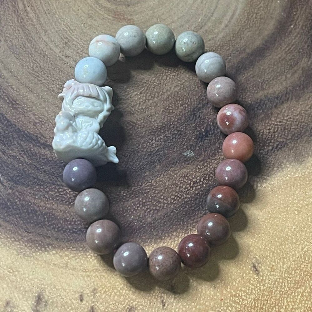 Alashan agate mermaid artisan handmade beaded beads stretch bracelet 6.5” colorf